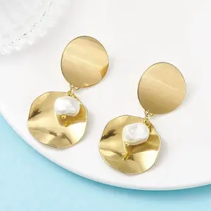 201 Stainless Steel Shell Pearl Flat Round Dangle Stud Earrings