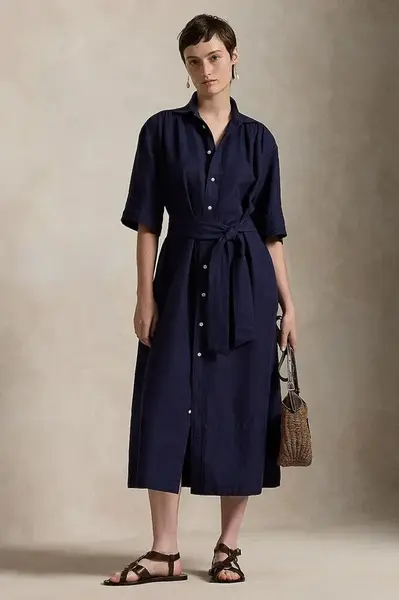 Hedvábné šaty Polo Ralph Lauren tmavomodrá barva, midi, 211941458