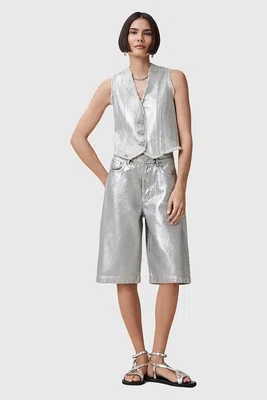Bavlněné šortky AllSaints LOUIE dámské, stříbrná barva, high waist, W068EC