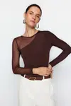 Trendyol hnedý tyl detailný Snap Snap elastický pletený body
