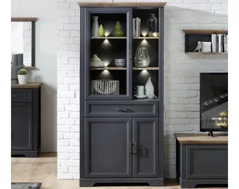 Široká vitrína Jasmin, grafit/dub, s osvetlením%