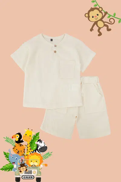 Trendyol Stone Boy 100% Cotton Pocket T-Shirt Shorts Set Cotton Knitted Bottom-Top Set