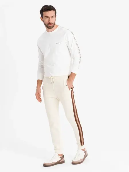 Ombre Men's sweatpants with piping and ribbing on the legs - cream
