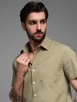 Ombre Men's short sleeve cotton and linen shirt with pocket - olive