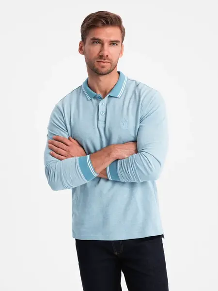 Ombre Men's melange polo longsleeve with embroidery - blue melange