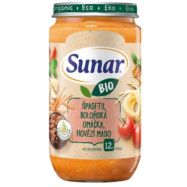 SUNAR BIO příkrm špagety, boloňská omáčka, hovězí maso 12m+, 235 g