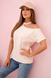 Kesi Dámská bavlněná blůza na jedno rameno s chokerem prachově růžová