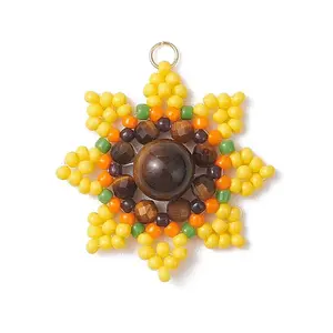 Round Natural Tiger Eye and Glass Seed Beaded Pendants