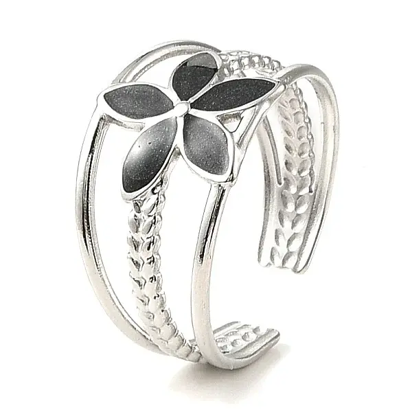 Flower 304 Stainless Steel Enamel Open Cuff Rings for Women