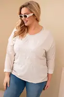 Kesi Włoski Dámská blůza Plus Size s potiskem a perlami béžová