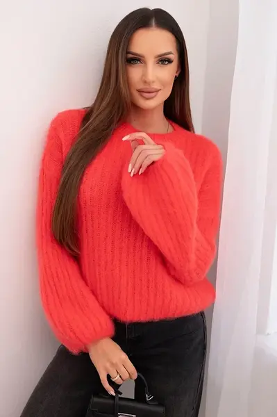 Kesi Włoski Dámsky sveter z mohéru s bufákovými rukávmi malinová