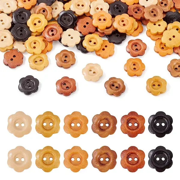 120Pcs 6 Colors 2-Hole Wood Flower Buttons