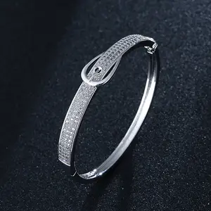 Brass Micro Pave Clear Cubic Zirconia Hinged Bangles for Women