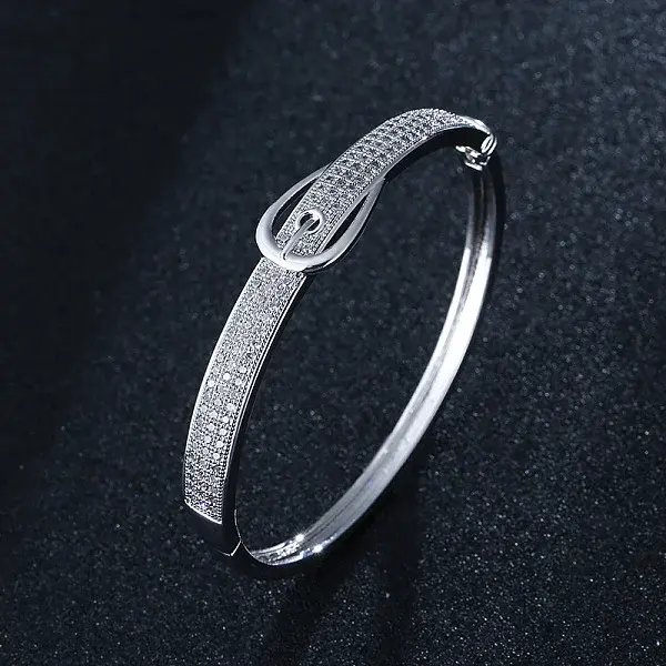 Brass Micro Pave Clear Cubic Zirconia Hinged Bangles for Women