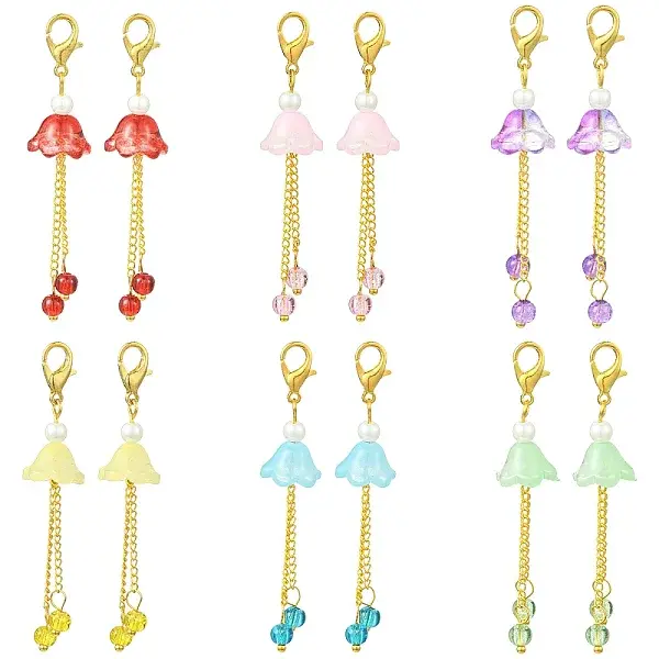 14Pcs 7 Styles Glass Flower with Brass Twisted Chains Pendant Decorations