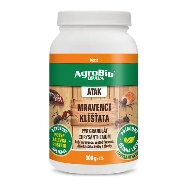 Granule proti mravencům, klíšťatům, švábům AGROBIO Atak PYR Chrysanthemum 300g