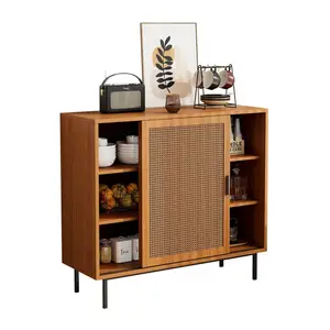 Redom SIDEBOARD 100/37/90 cm s posuvnými dveřmi, ratanovým vzhledem a třemi policemi, Ořech