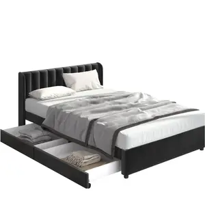 Redom POSTEL 160/200 cm, samet, s roštem, vysokým čelem a 2 zásuvkami, Černá