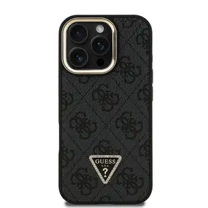 Zadní kryt Guess PU 4G Strass Triangle Logo Stand Camera Frame MagSafe Zadní pro Apple iPhone 16 Pro, černá