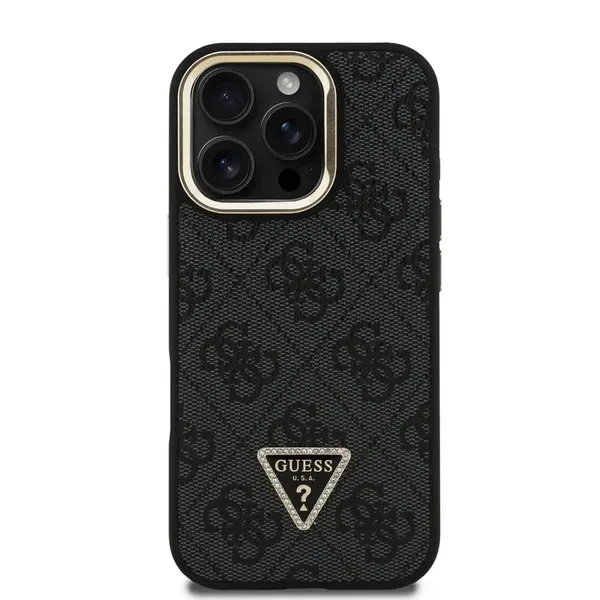 Zadní kryt Guess PU 4G Strass Triangle Logo Stand Camera Frame MagSafe Zadní pro Apple iPhone 16 Pro, černá
